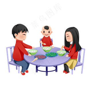 元宵节可爱卡通娃娃一家人吃汤圆,免抠元素