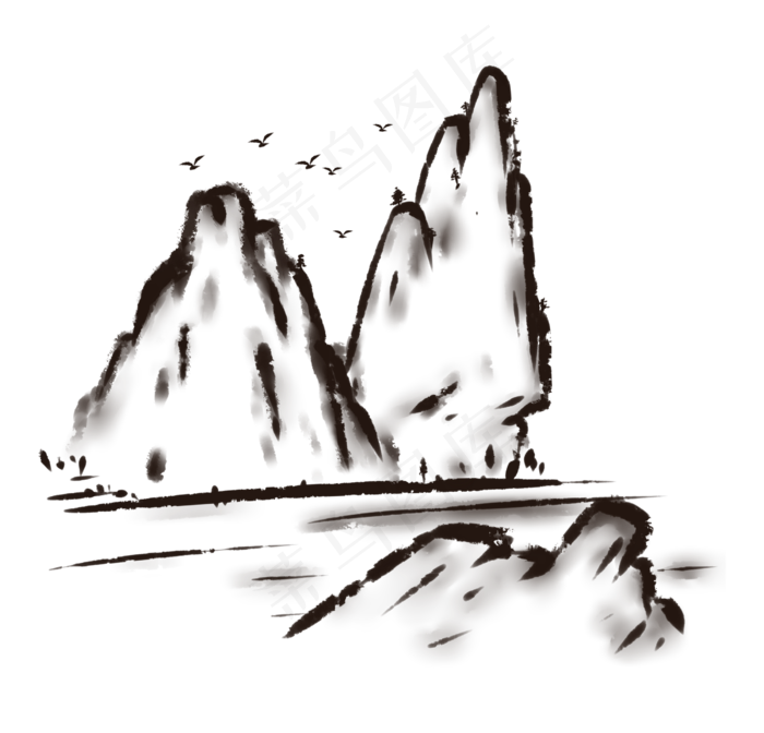 中国风水墨山水PNG免抠图(2500X2400(DPI:300))psd模版下载