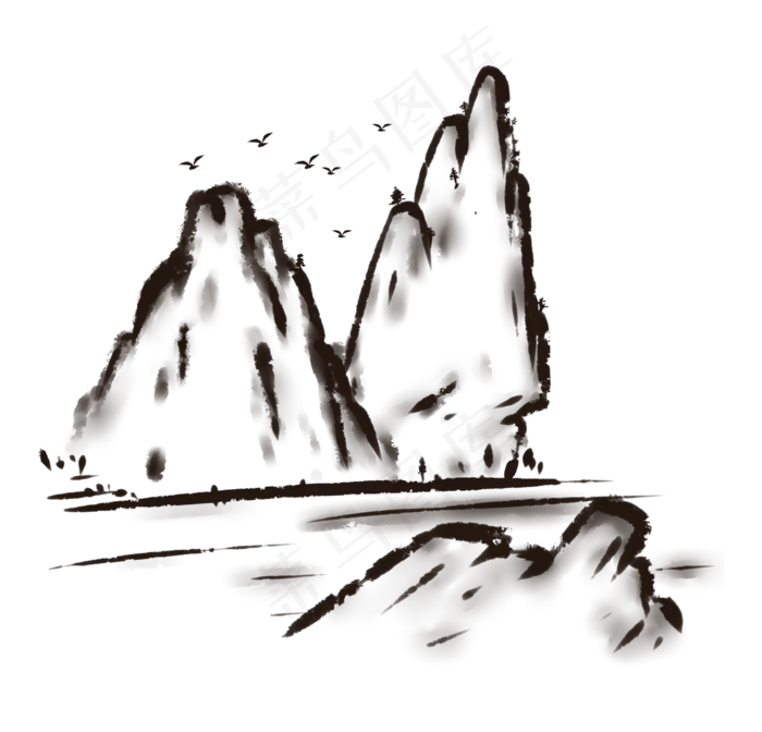 中国风水墨山水PNG免抠图(2500X2400(DPI:300))psd模版下载