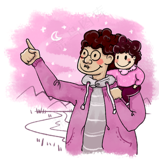 夸张父子坐看夜景元素