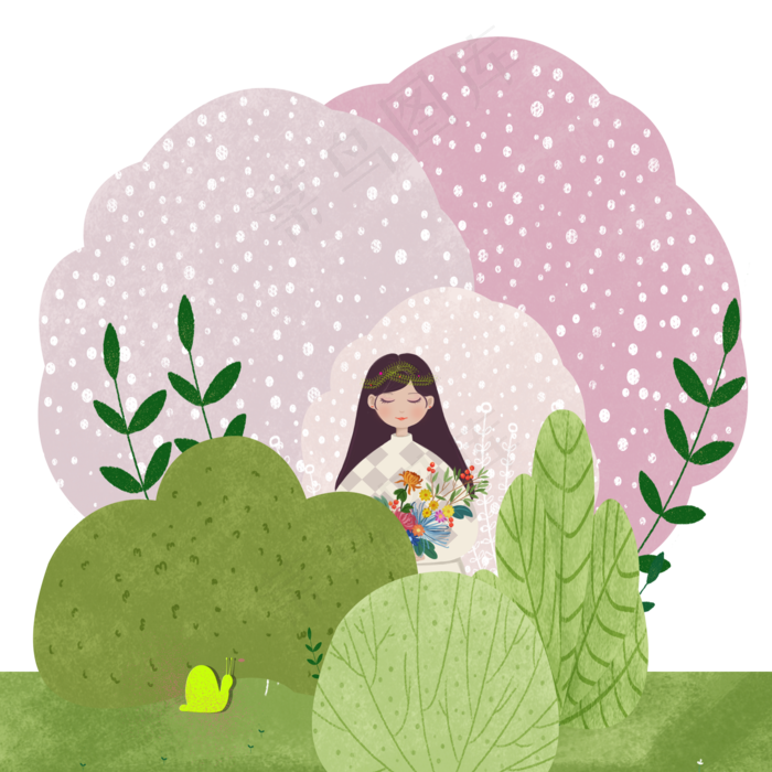 高级灰捧花精致女孩树丛中