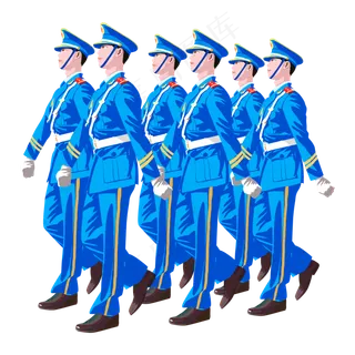 建军节齐步向前走的蓝色军装军人