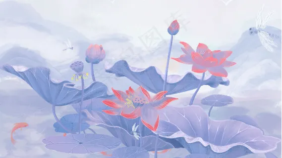 夏景立夏蓝色肌理清新荷塘荷花荷叶莲花