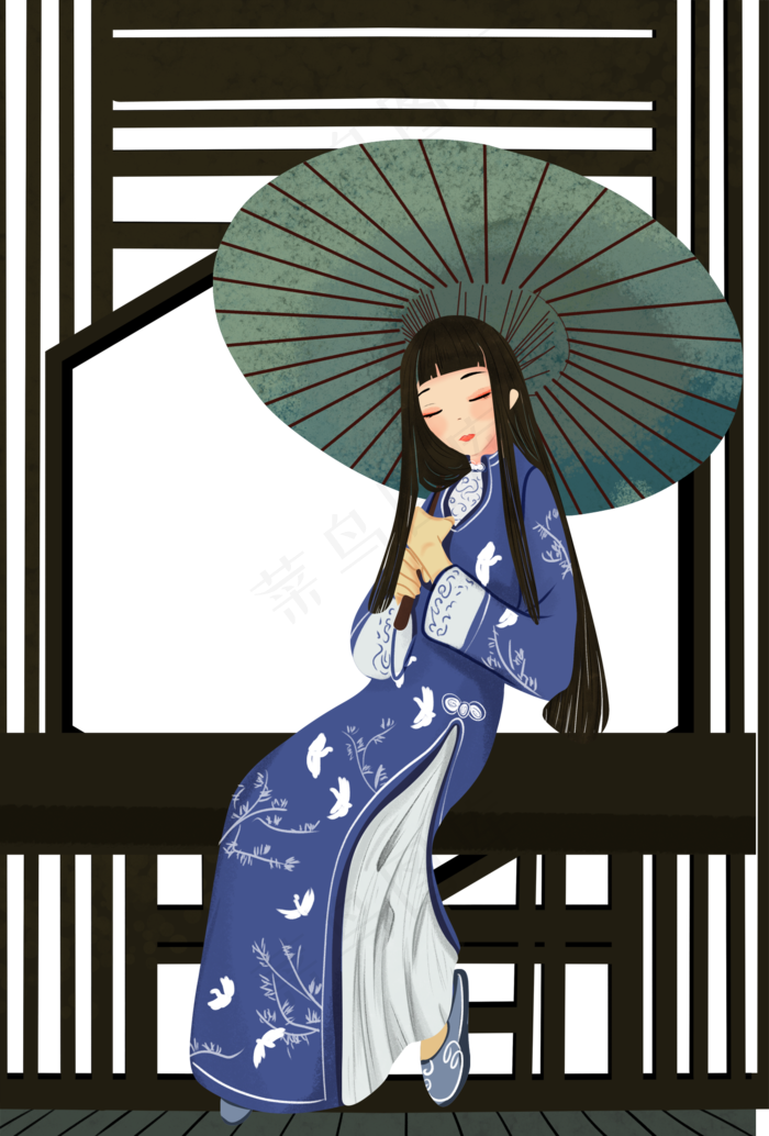 打伞休憩女孩(1354X2000(DPI:300))psd模版下载