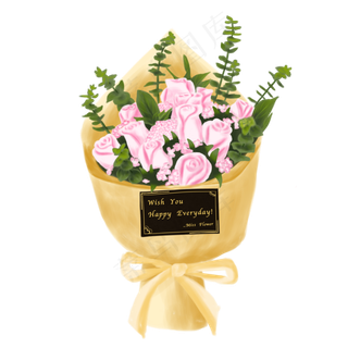 水彩手绘粉红玫瑰鲜花纸质花束花,免抠元素