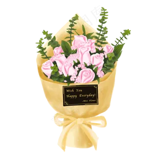 水彩手绘粉红玫瑰鲜花纸质花束花,免抠元素