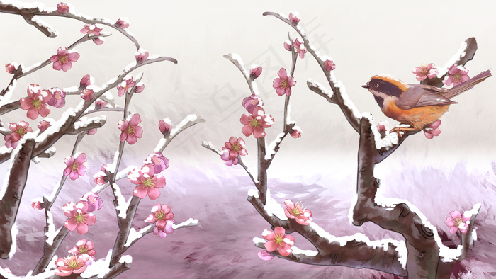 冬至大雪梅花花鸟工笔冬季风景