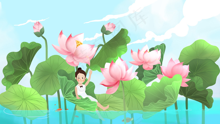 五月你好唯美荷花女孩