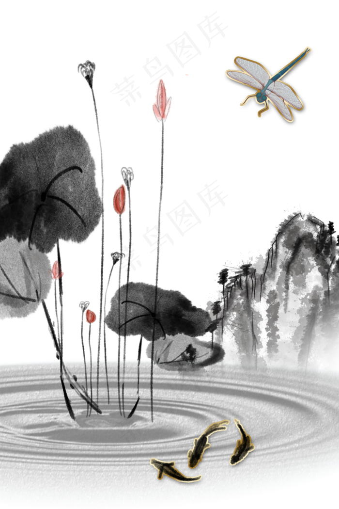 中国风荷花 蜻蜓灰色水墨装饰画
