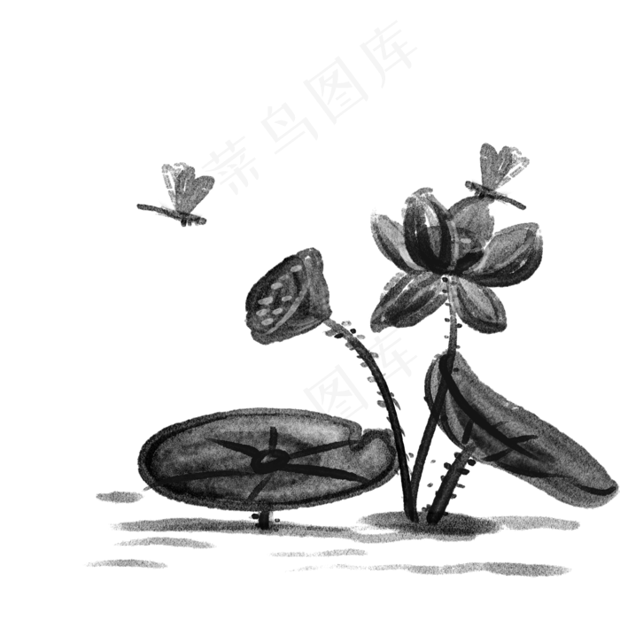 水彩水墨蜻蜓荷花png免抠透明底(2000X2000(DPI:300))psd模版下载