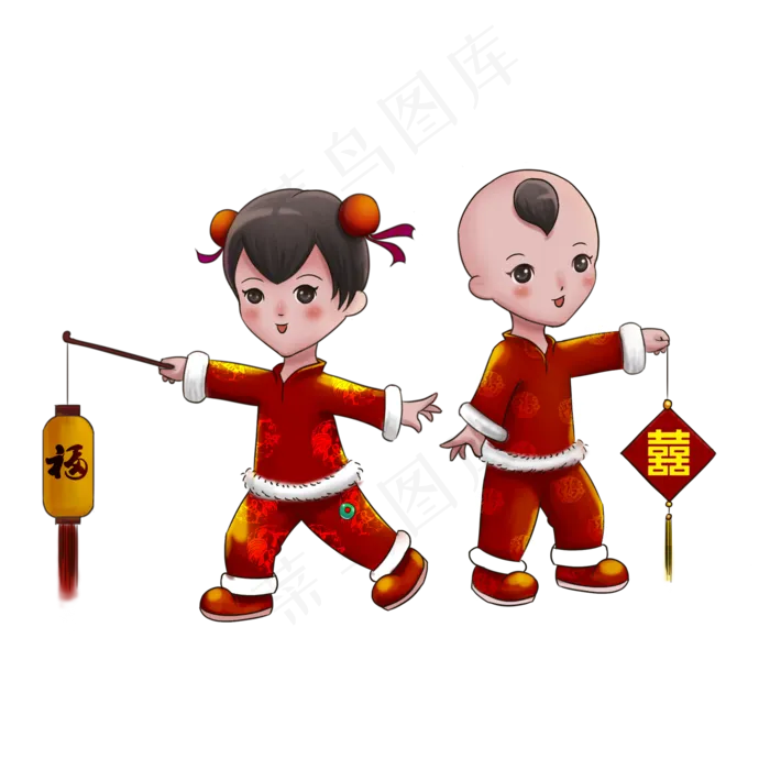 元宵节福娃提灯笼手绘免抠元素