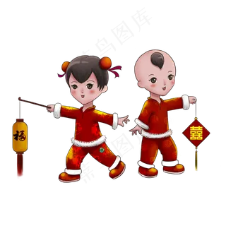 元宵节福娃提灯笼手绘免抠元素