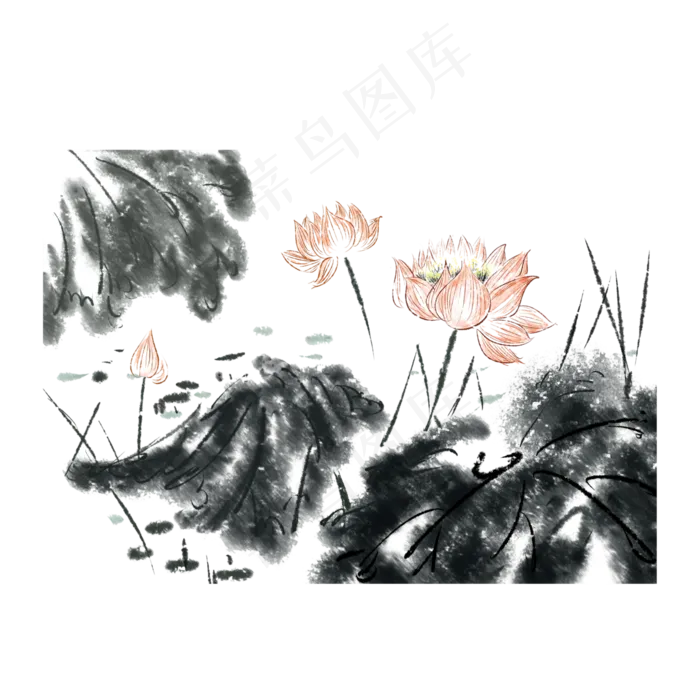 荷花古典水墨风格国画PNG莲叶(4000X4000(DPI:300))psd模版下载