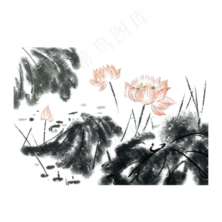 荷花古典水墨风格国画PNG莲叶