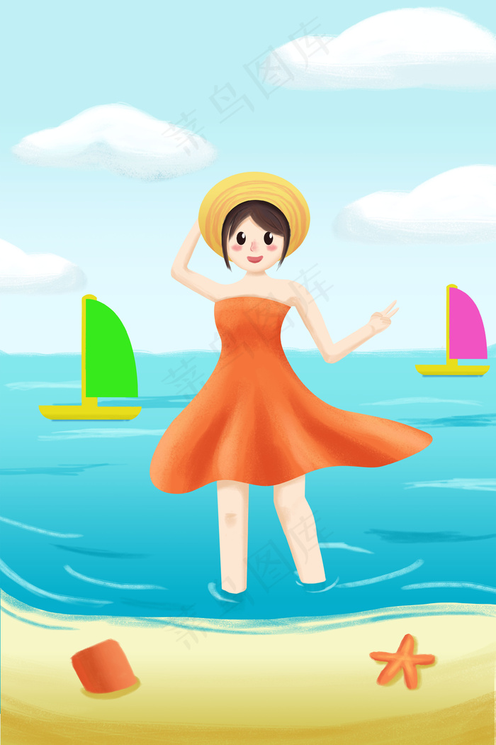 夏天夏至海边游玩戏水女孩(3545X5315(DPI:300))psd模版下载