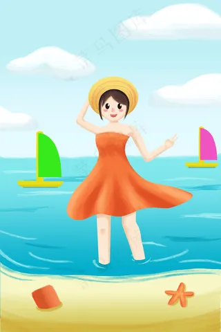 夏天夏至海边游玩戏水女孩