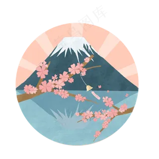 春天日本富士山樱花风铃粉色装饰,免抠元素