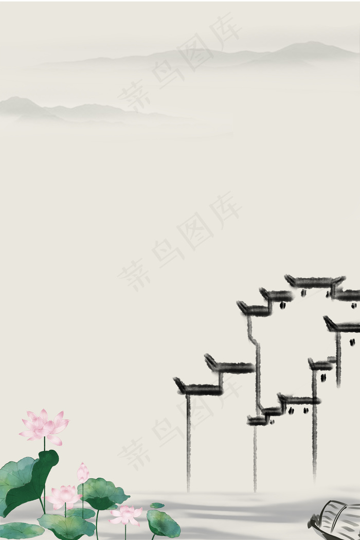 中国风水墨荷花船头背景素材