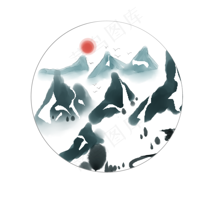 手绘山水冬季水墨插画