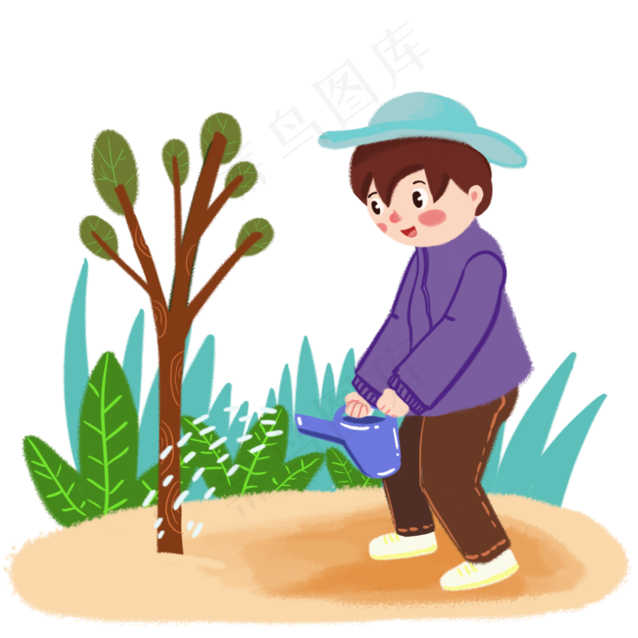 植树节孩童浇水手绘人物PNG素材