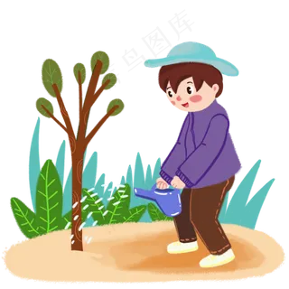 植树节孩童浇水手绘人物PNG素材