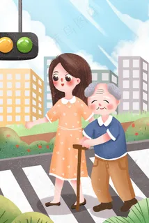 小清新关爱保护老人女孩扶老人过马路