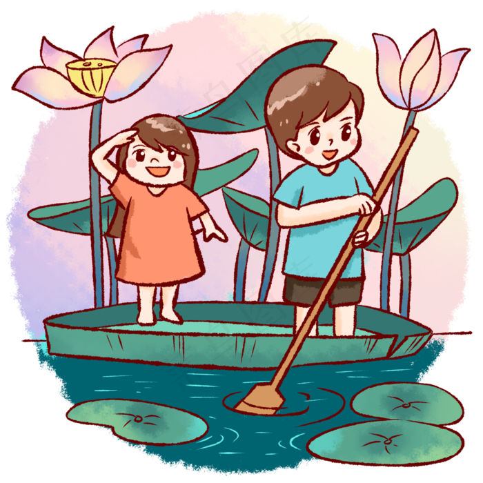 情侣荷叶荷花湖中泛舟