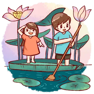 情侣荷叶荷花湖中泛舟