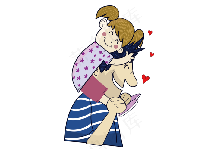 卡通背着女儿的父亲