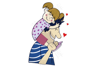 卡通背着女儿的父亲