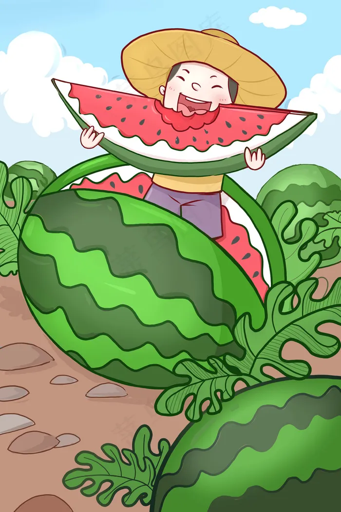 绿色系卡通手绘风立夏吃西瓜配图
