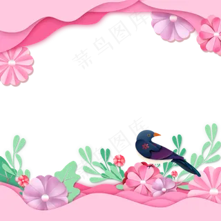 立体剪纸花鸟边框装饰,免抠元素