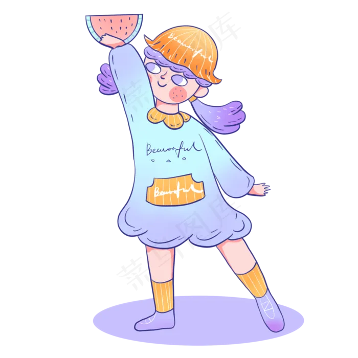 夏天夏至女孩吃西瓜卡通可爱PNG