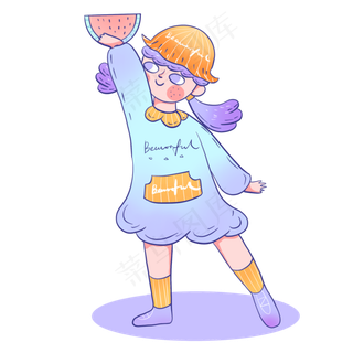 夏天夏至女孩吃西瓜卡通可爱PNG