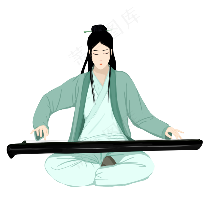 古风女人弹琴手绘高清图(3000X3000(DPI:300))psd模版下载