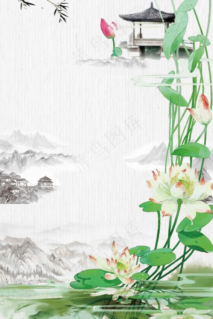 唯美复古水墨山水画小亭子荷花鲤鱼中国风(20935*31388px 	    )ai矢量模版下载