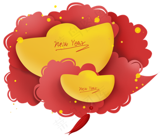 中国风新年红色金元宝祥云文字框,免抠元素
