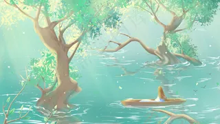 绿色唯美卡通治愈小清新乘船赏夏季美景配图