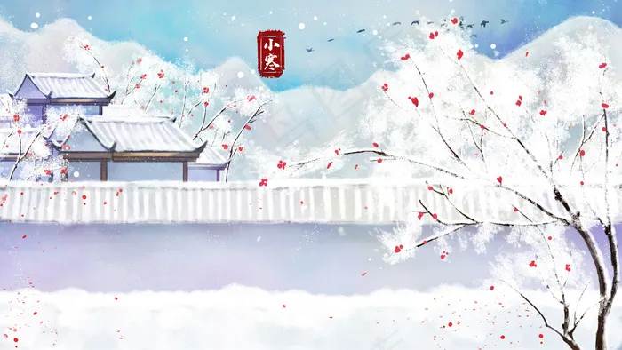 唯美古风小寒节气中国风屋檐房屋雪地雪山(2880X1620(DPI:300))psd模版下载