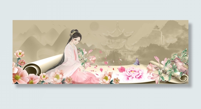 古风工笔花鸟卷轴仕女背景