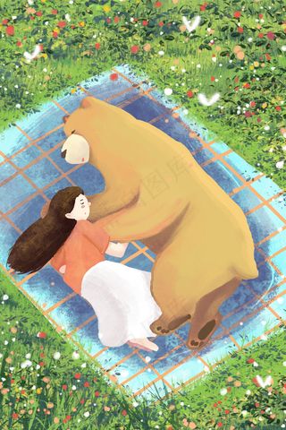 熊与少女一起午睡治愈系场景