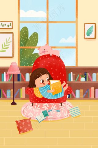 春天卡通小清新小女孩与萌宠看书配图