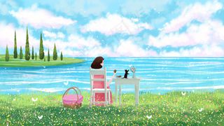 女孩安静一个人在海边看海治愈系