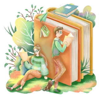 扁平风世界读书日靠在书旁的读书,免抠元素