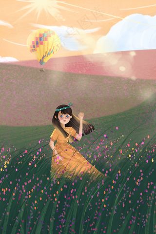 治愈唯美清新女孩旅游春天夏至薰衣草热气球