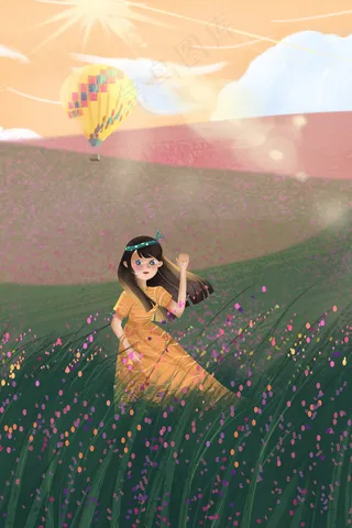 治愈唯美清新女孩旅游春天夏至薰衣草热气球
