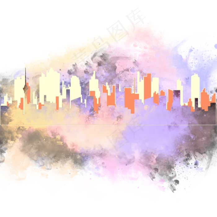 水彩水墨城市剪影(2000X2000(DPI:300))psd模版下载