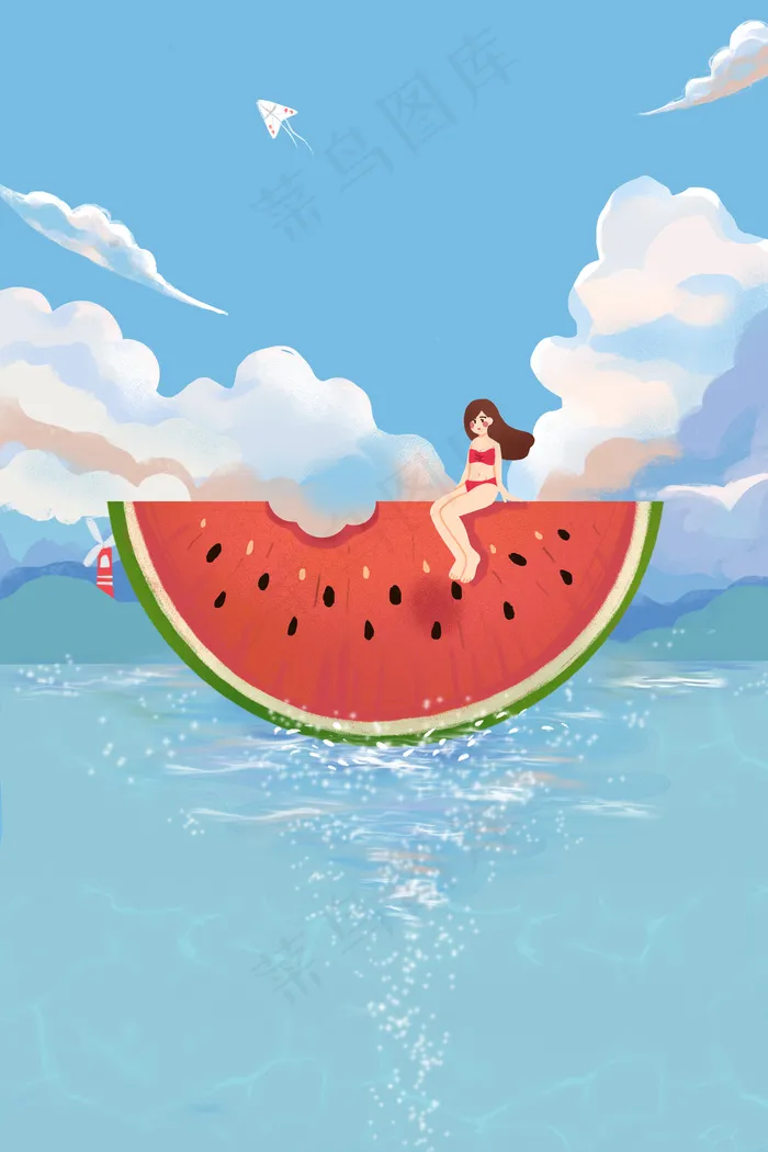 夏天海滩西瓜泳衣女孩小清新手绘风格(3545*5315px 300 dpi )
