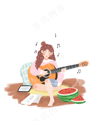 大暑女孩弹吉他png素材