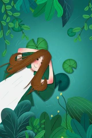 躺在荷叶上乘凉的女孩